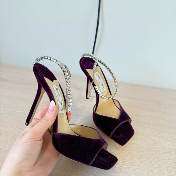 Jimmy Choo Saeda 100 Sandals Dark Purple Velvet Crystal Strap Square Toe Sz 40 - Picture 3 of 10